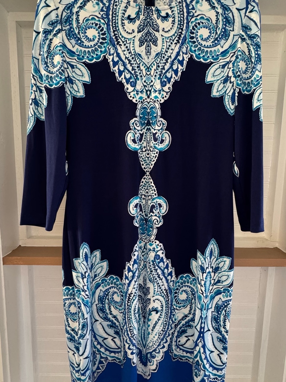 Donna Morgan Navy, White and Teal Paisley Long Sleeve Sheath Dress